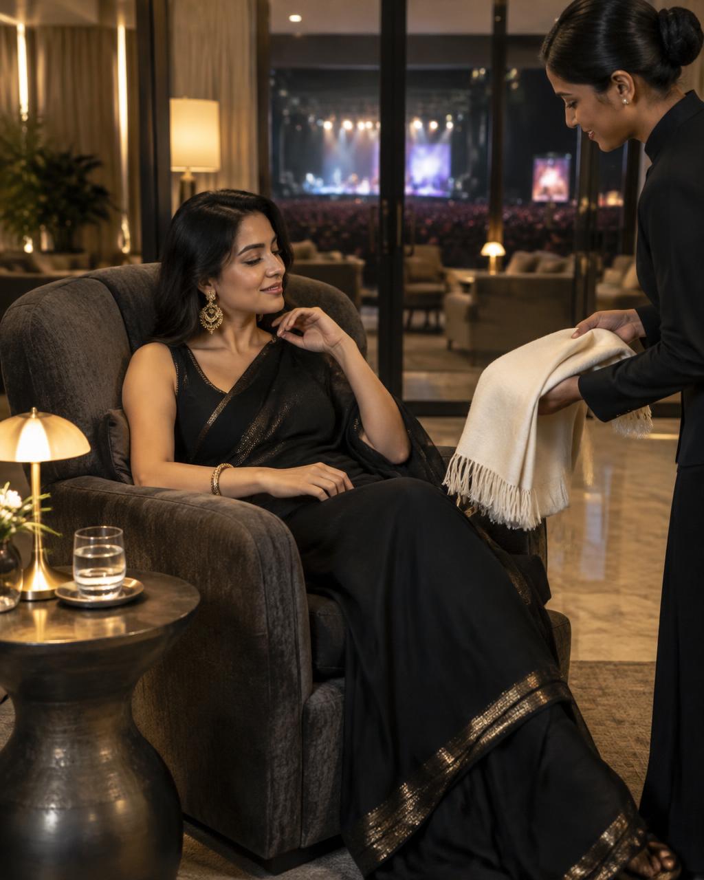 An attendant offers a shawl to a guest relaxing in an armchair near the concert hall.