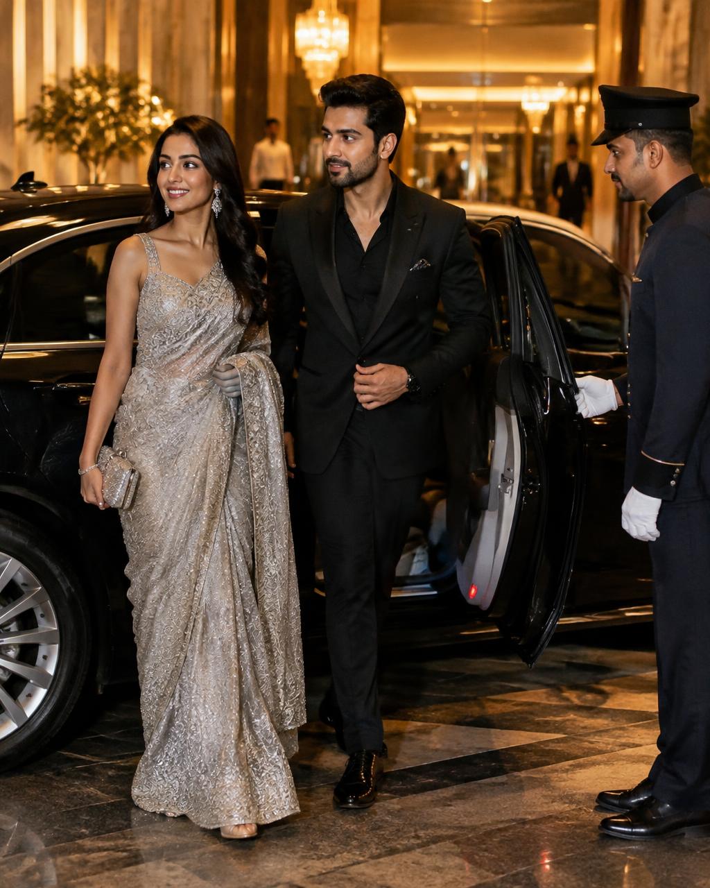 A valet holds a luxury car door as two evening guests arrive at a warmly lit entrance.